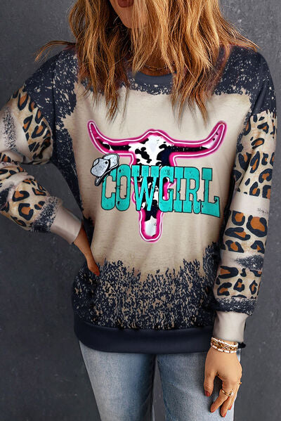 COWGIRL Leopard Print Round Neck Sweatshirt Shirts & Tops Krazy Heart Designs Boutique Black S 