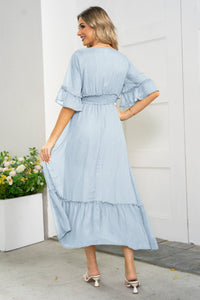 V-Neck Flounce Sleeve Smocked Waist High Slit Dress (4 Colors)  Krazy Heart Designs Boutique   