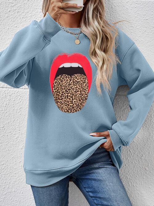 Leopard Lip Graphic Round Neck Sweatshirt (9 Colors) Shirts & Tops Krazy Heart Designs Boutique Misty  Blue S 