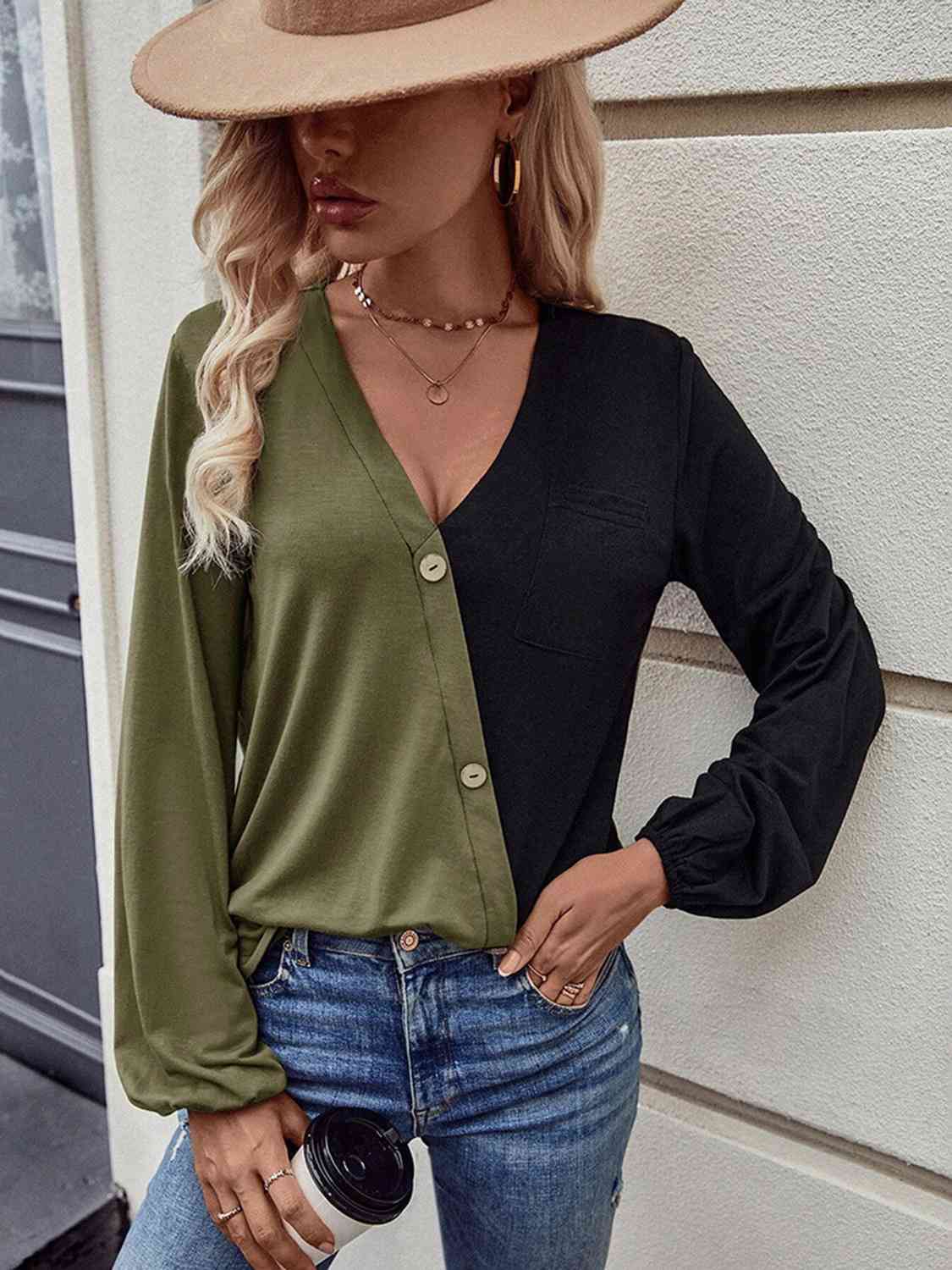 Two Tone V Neck Balloon Sleeve Top  Krazy Heart Designs Boutique Moss S 