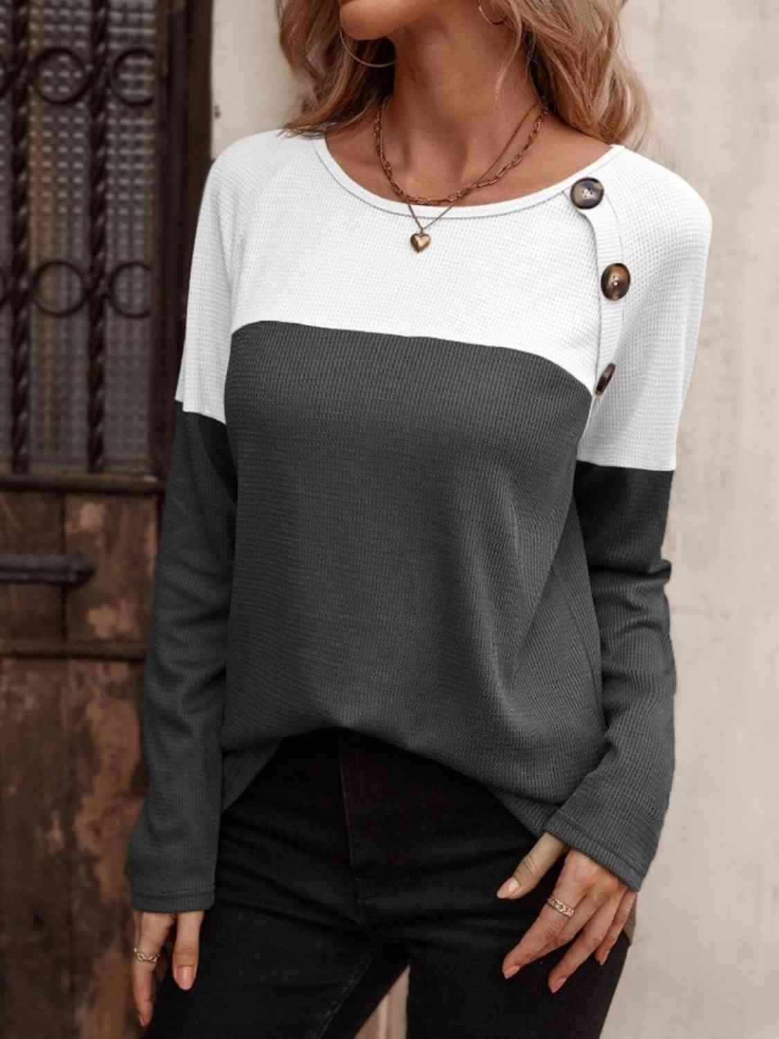 Contrast Round Neck Long Sleeve T-Shirt  Krazy Heart Designs Boutique   