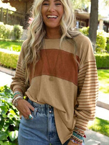Round Neck Striped Long Sleeve Slit T-Shirt (5 Colors) Shirts & Tops Krazy Heart Designs Boutique Tan S 