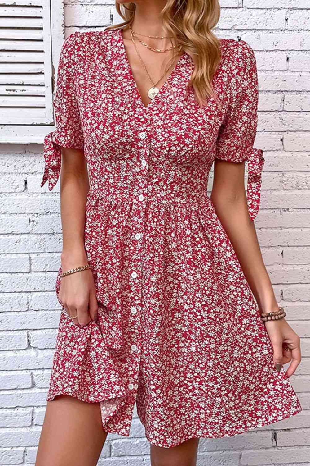Ditsy Floral Tied Puff Sleeve Button Front Dress  Krazy Heart Designs Boutique Deep Red S 
