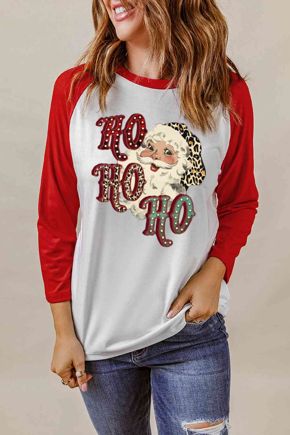 HO HO HO Santa Raglan Sleeve T-Shirt Shirts & Tops Krazy Heart Designs Boutique Deep Red S 