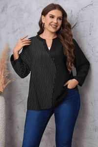 Plus Size Striped Notched Neck Top (2 Colors) Shirts & Tops Krazy Heart Designs Boutique Black 1XL 