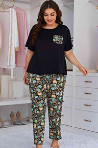 Plus Size Contrast Round Neck Tee and Floral Pants Lounge Set (2 Colors) Loungewear Krazy Heart Designs Boutique Black 1XL 
