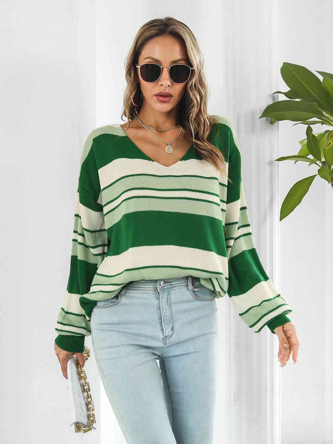 Striped V-Neck Long Sleeve Knit Top(3 Colors)  Krazy Heart Designs Boutique Green S 