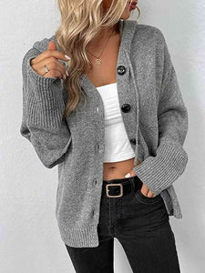 Button Up Drawstring Long Sleeve Hooded Cardigan (3 Colors)  Krazy Heart Designs Boutique Heather Gray S 