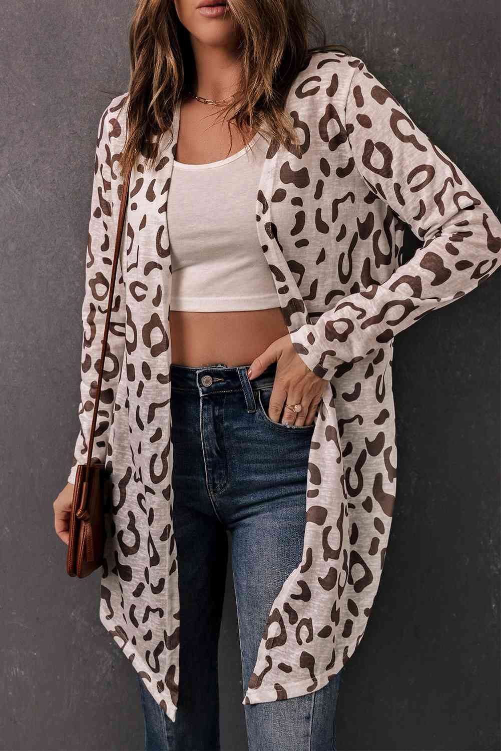 Leopard Print Long-Sleeve Open Front Cardigan coats Krazy Heart Designs Boutique Khaki S 