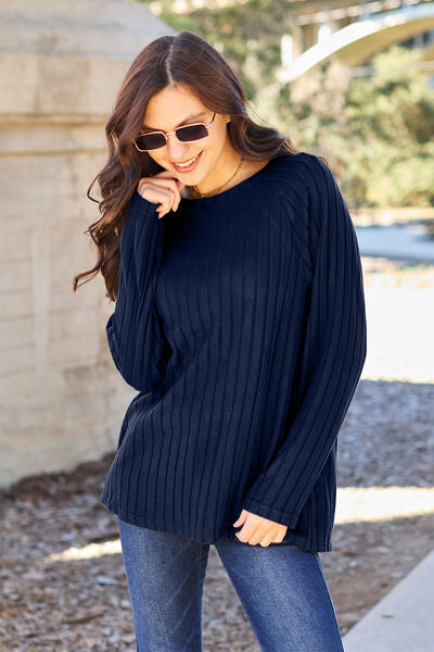 Basic Bae Full Size Ribbed Round Neck Long Sleeve Knit Top (5 Colors) Shirts & Tops Krazy Heart Designs Boutique Peacock  Blue S 