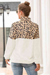 Leopard Print Zip-Up Turtle Neck Dropped Shoulder Sweatshirt Shirts & Tops Krazy Heart Designs Boutique   