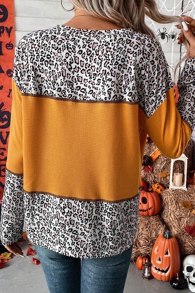 Leopard Print Waffle-knit Long Sleeve T-Shirt Shirts & Tops Krazy Heart Designs Boutique   