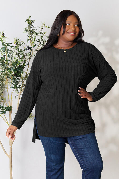 Basic Bae Full Size Ribbed Round Neck Long Sleeve Slit Top (4 Colors) Shirts & Tops Krazy Heart Designs Boutique Black S 