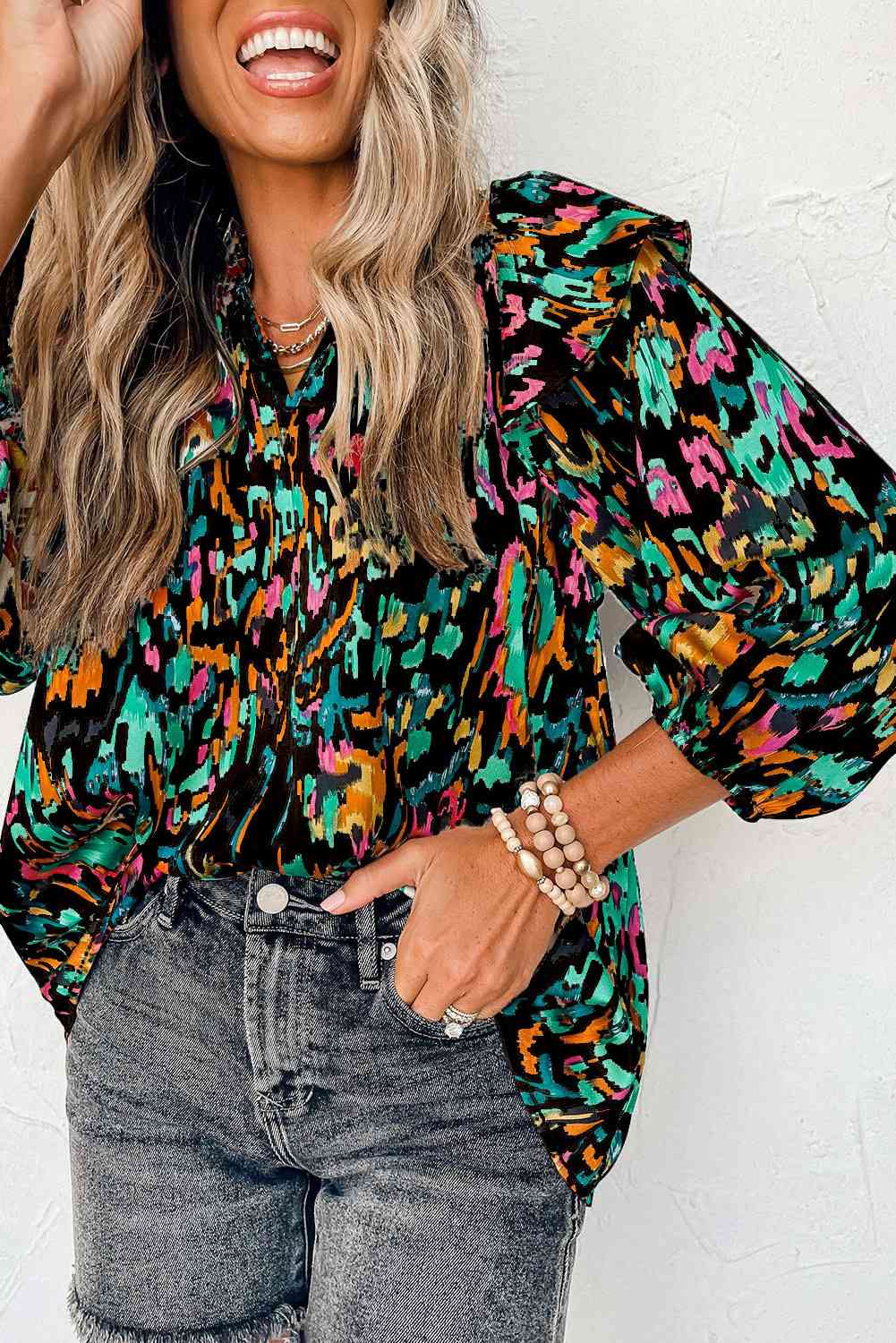 Printed Notched Neck Ruffled Blouse (3 Colors)  Krazy Heart Designs Boutique   