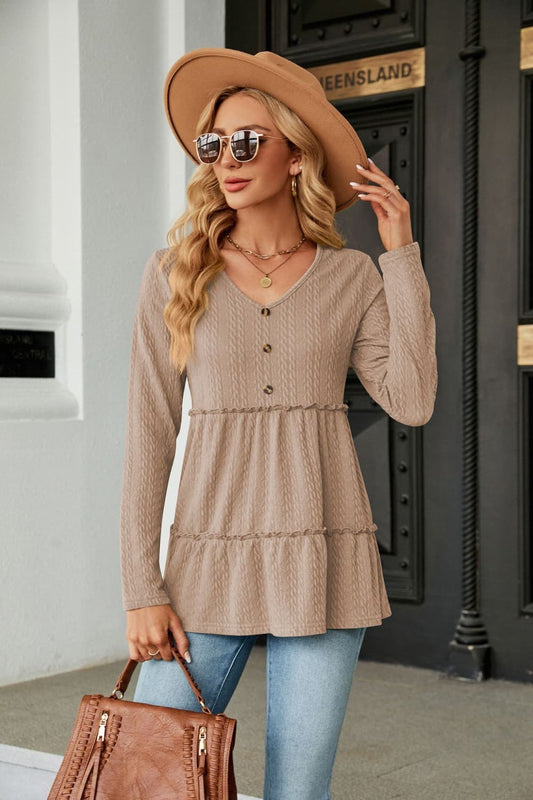 Long Sleeve V-Neck Cable-Knit Blouse (9 Colors)  Krazy Heart Designs Boutique Khaki S 