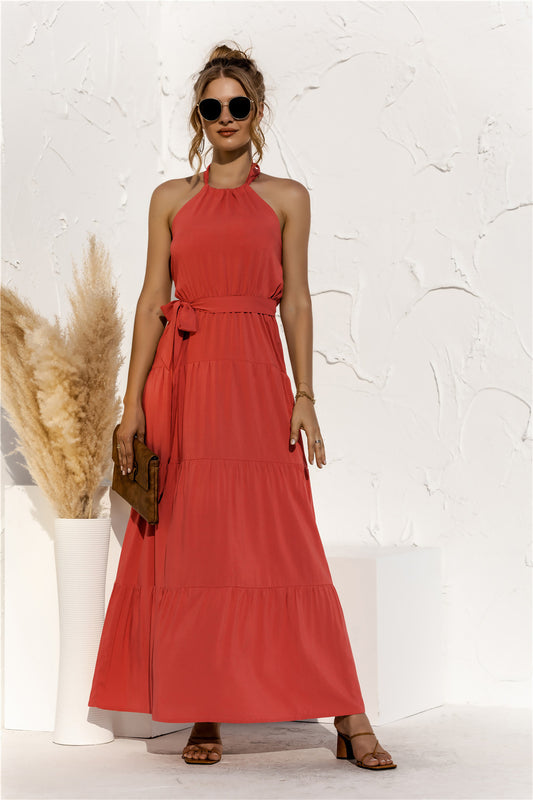 Halter Neck Tie Waist Tiered Maxi Dress  Krazy Heart Designs Boutique Orange S 