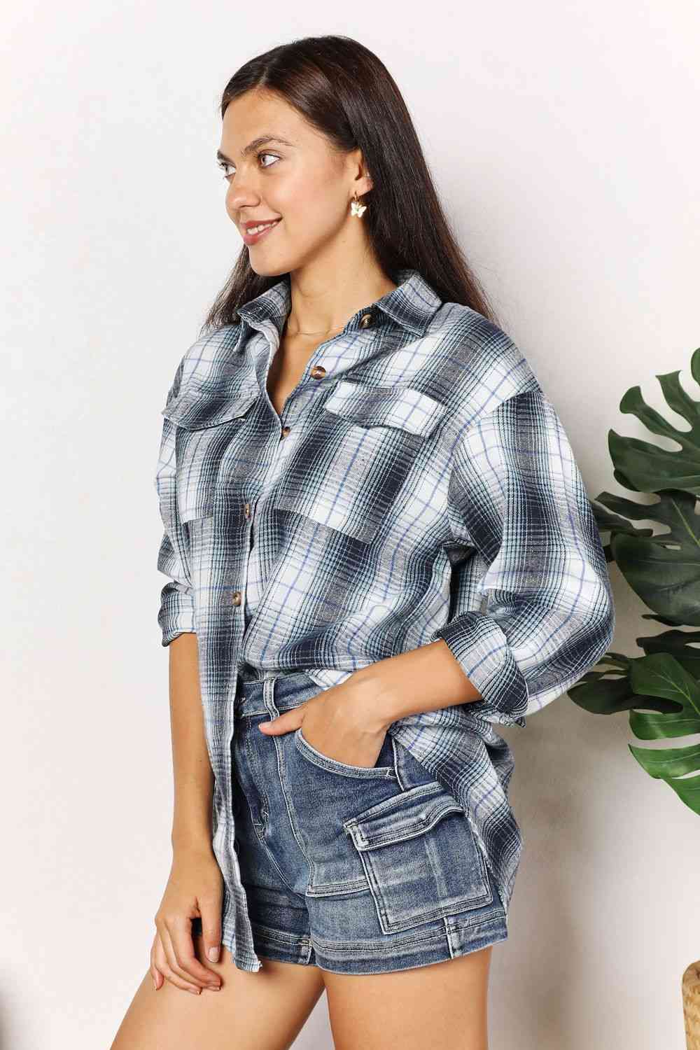 Double Take Plaid Dropped Shoulder Shirt (4 Colors)  Krazy Heart Designs Boutique   