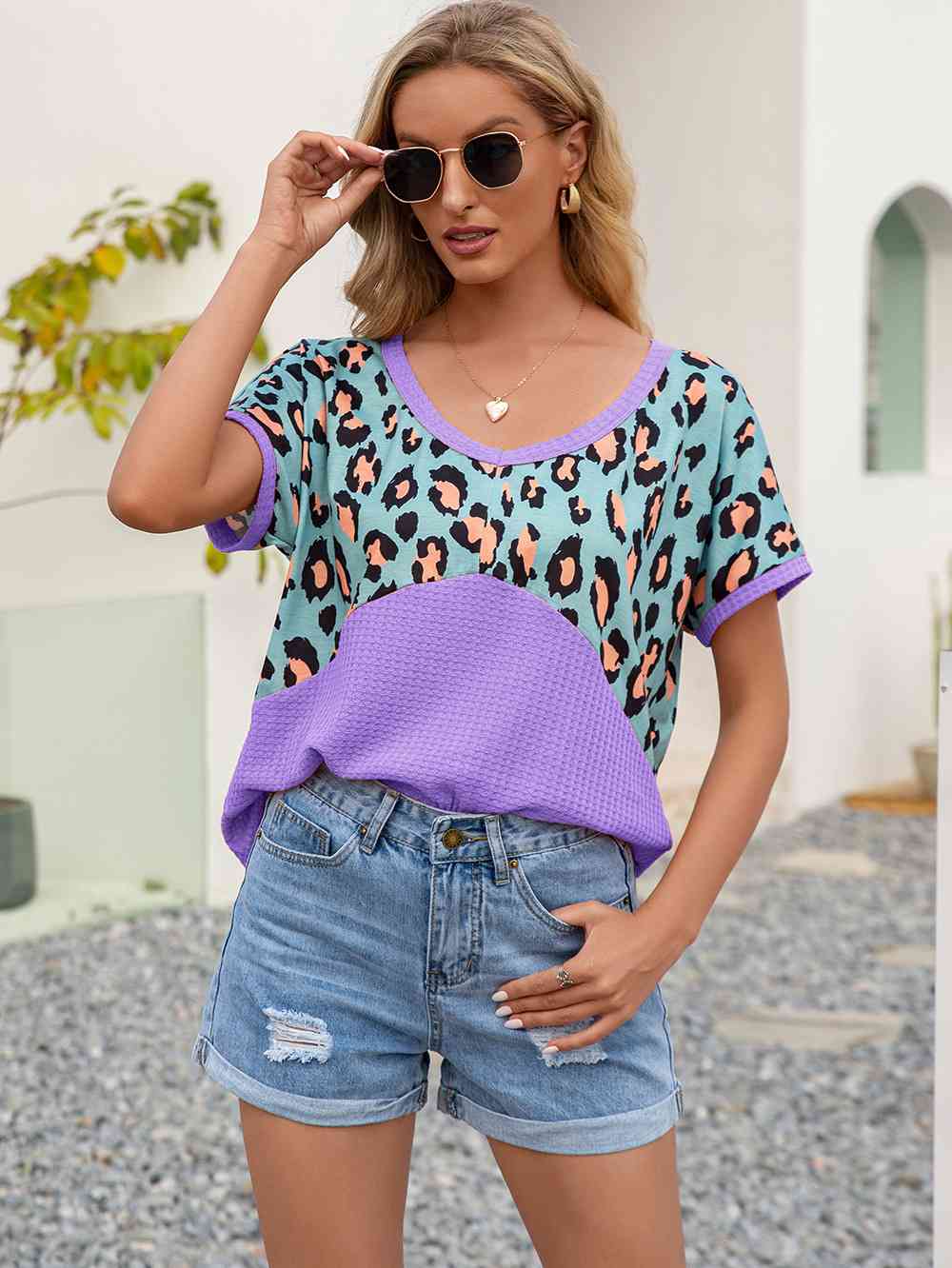 Leopard Waffle-Knit Short Sleeve Top (4 Colors) Shirts & Tops Krazy Heart Designs Boutique Lavender S 