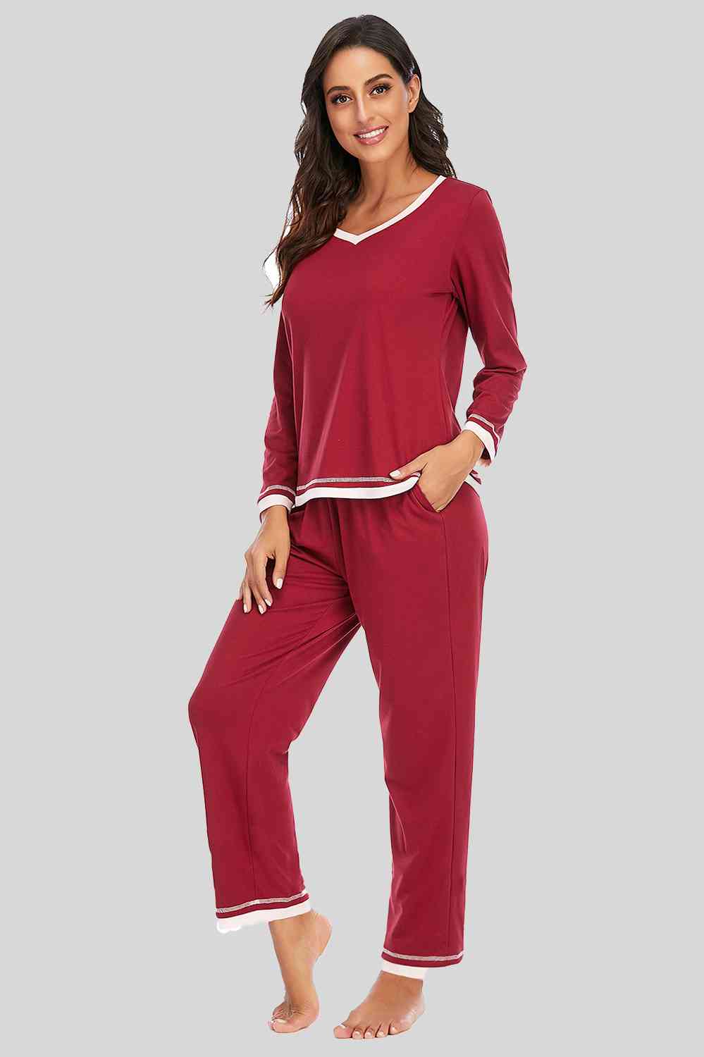 V-Neck Top and Pants Lounge Set (3 Colors) Loungewear Krazy Heart Designs Boutique Wine S 