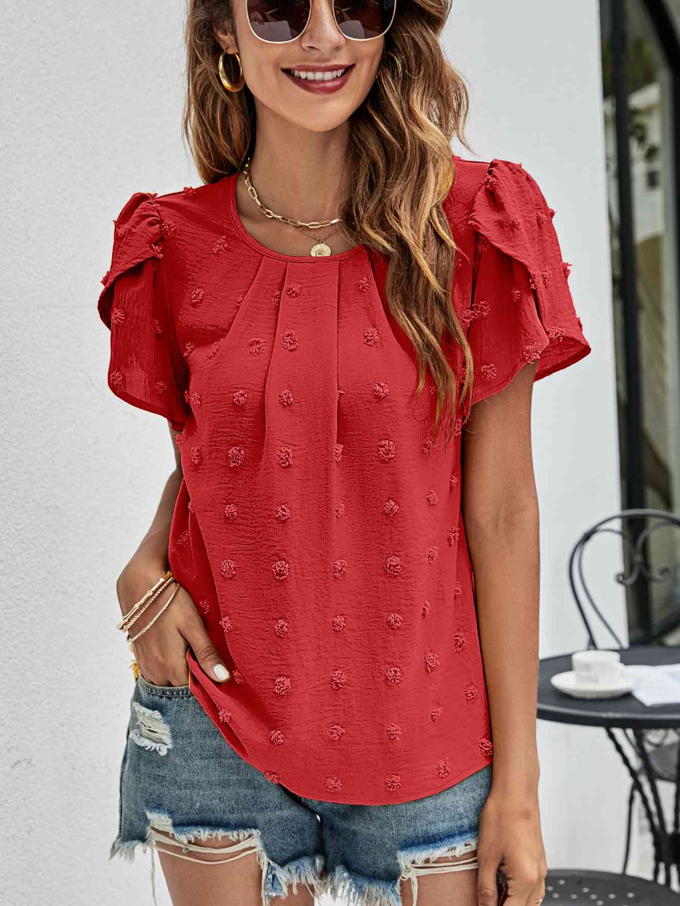 Swiss Dot Round Neck Petal Sleeve Top (10 Colors)  Krazy Heart Designs Boutique Red S 