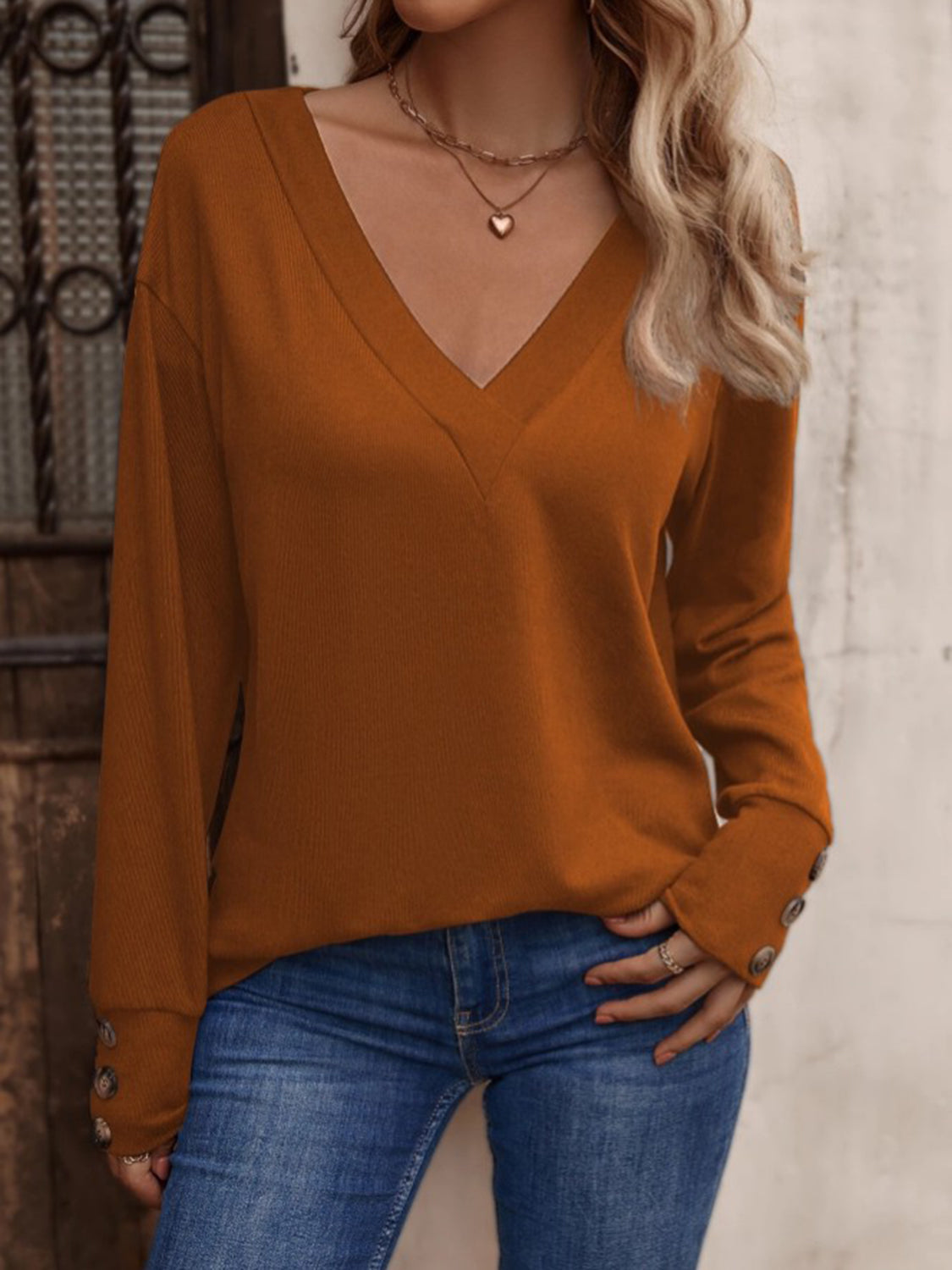 V-Neck Long Button Sleeve Top (8 Colors)  Krazy Heart Designs Boutique Ochre S 