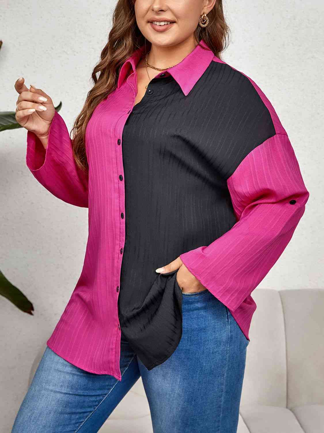 Plus Size Contrast Color Roll-Tap Sleeve Shirt Shirts & Tops Krazy Heart Designs Boutique   