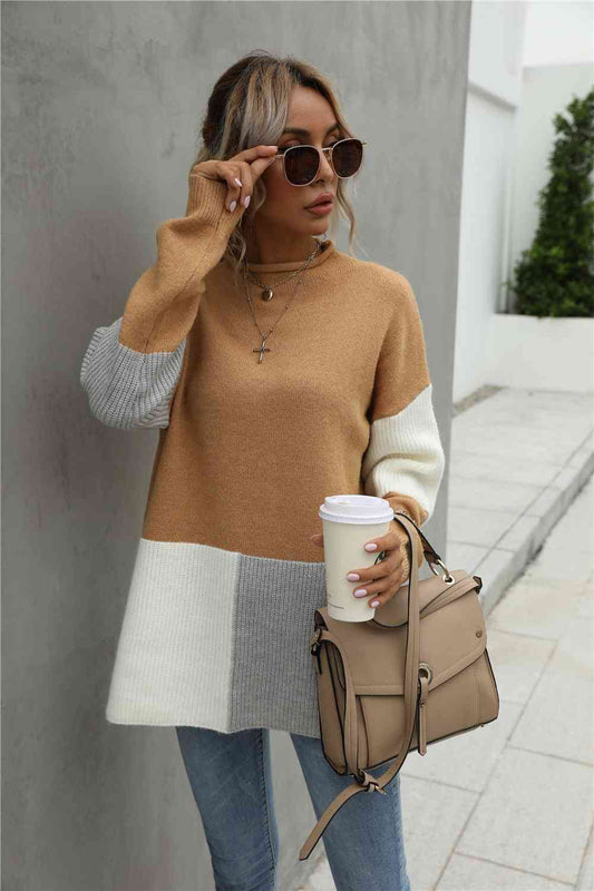 Color Block Round Neck Dropped Shoulder Sweater (2 Colors)  Krazy Heart Designs Boutique Tan S 