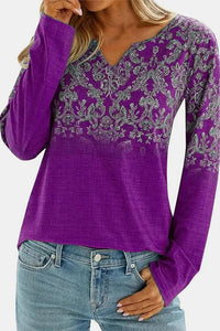 Printed Pattern Notched Long Sleeve Top (4 Colors) Shirts & Tops Krazy Heart Designs Boutique   