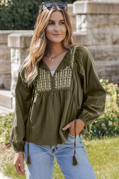 Embroidered Tassel Tie Neck Balloon Sleeve Blouse Shirts & Tops Krazy Heart Designs Boutique Army Green S 