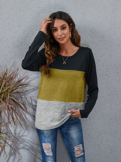 Color Block Round Neck Long Sleeve Top (6 Colors) Shirts & Tops Krazy Heart Designs Boutique Olive Brown S 