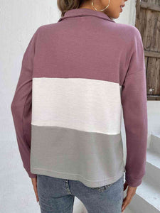 Double Take Color Block Dropped Shoulder Waffle-Knit Zipper Front Blouse Shirts & Tops Krazy Heart Designs Boutique   