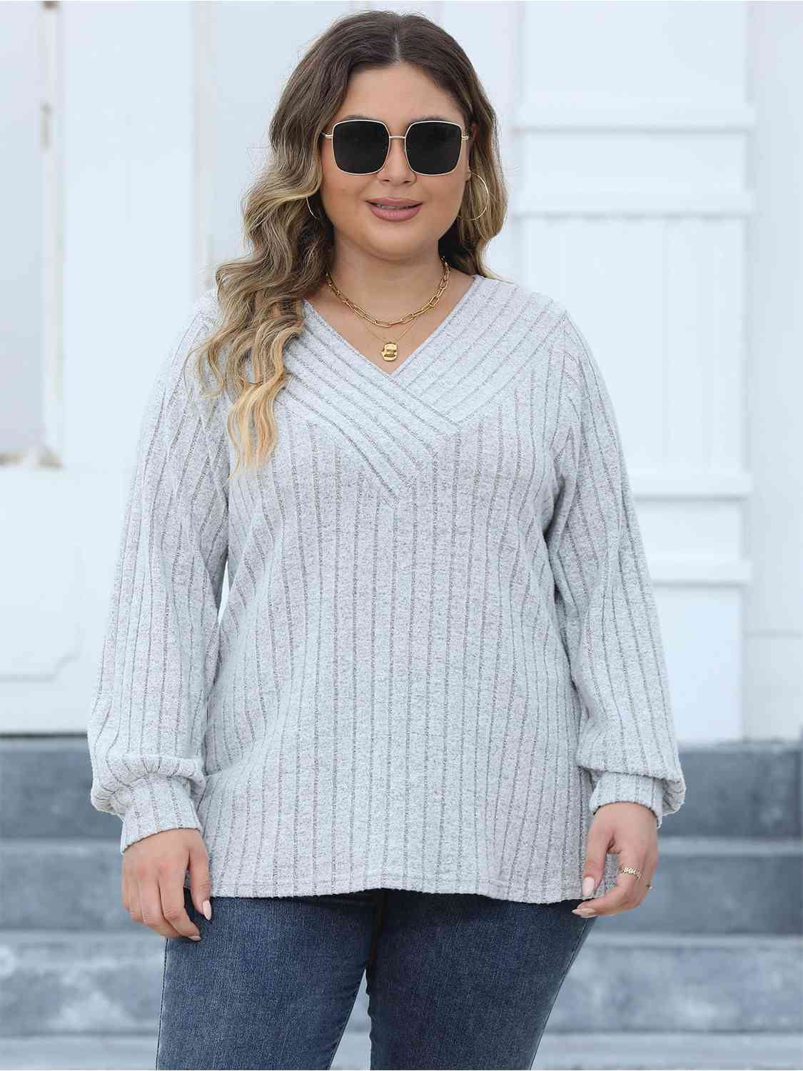 Plus Size Ribbed V-Neck Long Sleeve Top (4 Colors) Shirts & Tops Krazy Heart Designs Boutique Cloudy Blue L 