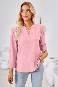 V-Neck Roll-Tap Sleeve Blouse (8 Colors)  Krazy Heart Designs Boutique Fuchsia Pink S 