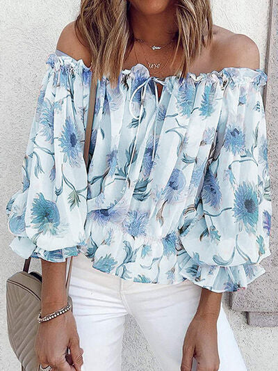 Floral Off-Shoulder Flounce Sleeve Blouse (4 Colors)  Krazy Heart Designs Boutique Misty  Blue S 