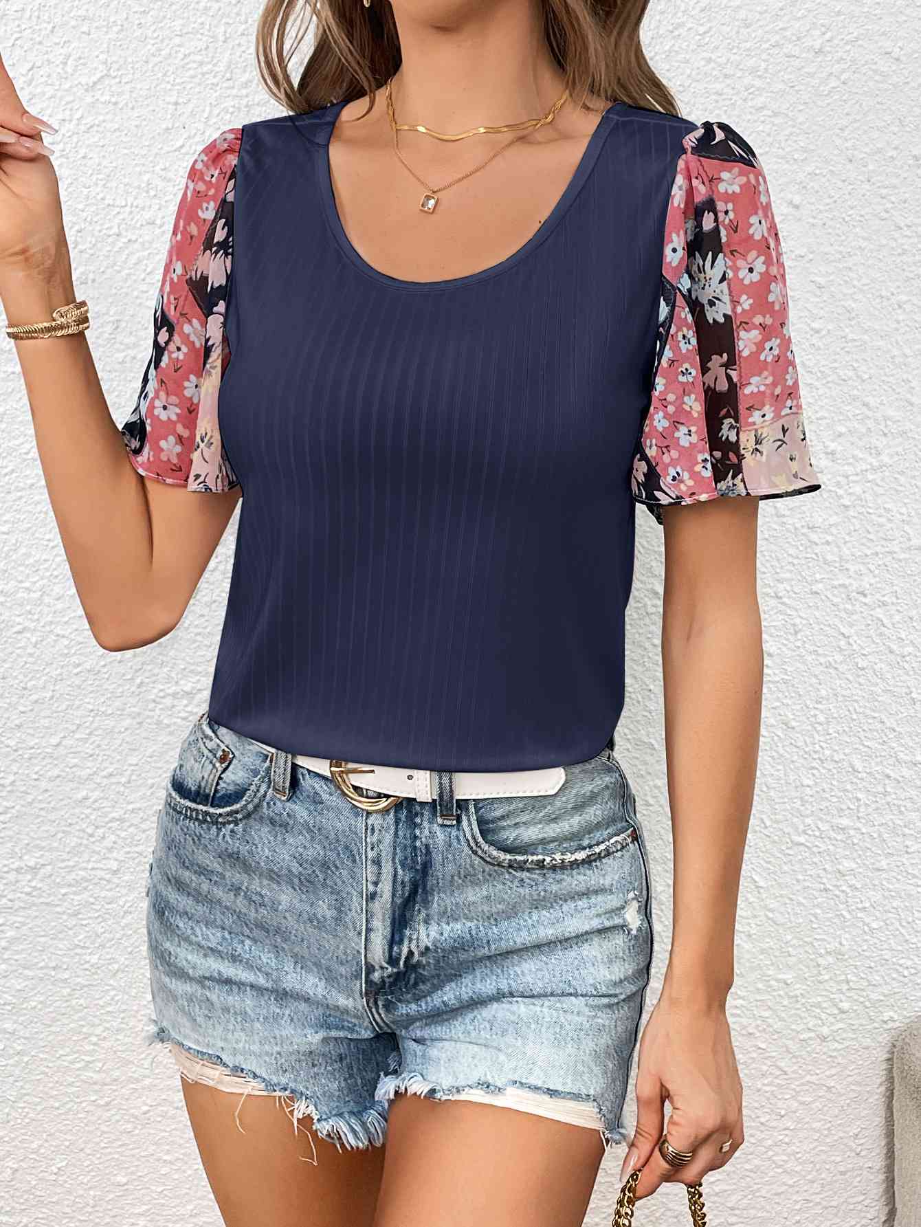 Printed Puff Sleeve Round Neck Tee (3 Colors)  Krazy Heart Designs Boutique Navy S 