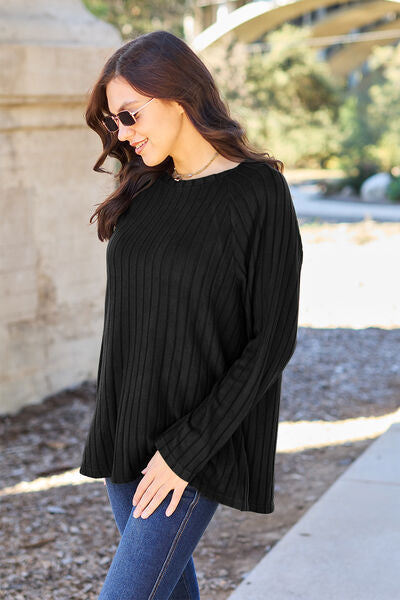 Basic Bae Full Size Ribbed Round Neck Long Sleeve Knit Top (5 Colors) Shirts & Tops Krazy Heart Designs Boutique   