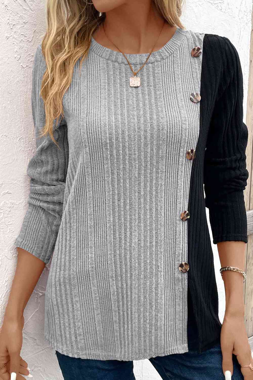 Contrast Color Long Sleeve Knit Top (6 Colors) Shirts & Tops Krazy Heart Designs Boutique Charcoal S 