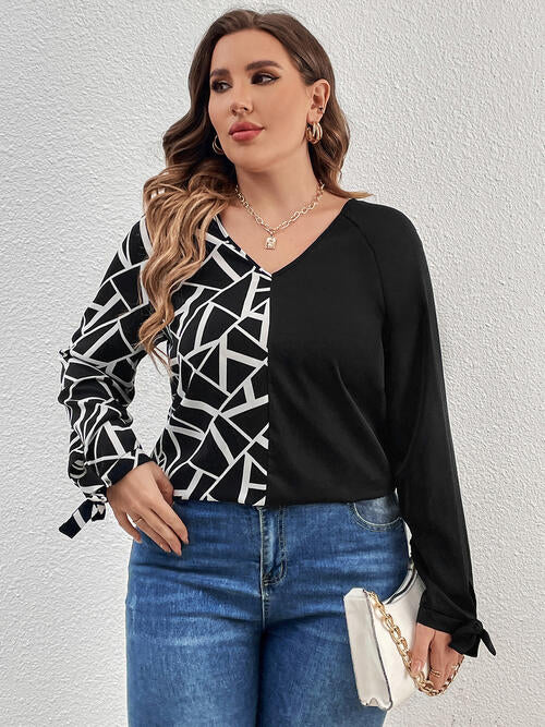 Plus Size Geometric Color Block V-Neck Long Sleeve Top Shirts & Tops Krazy Heart Designs Boutique   