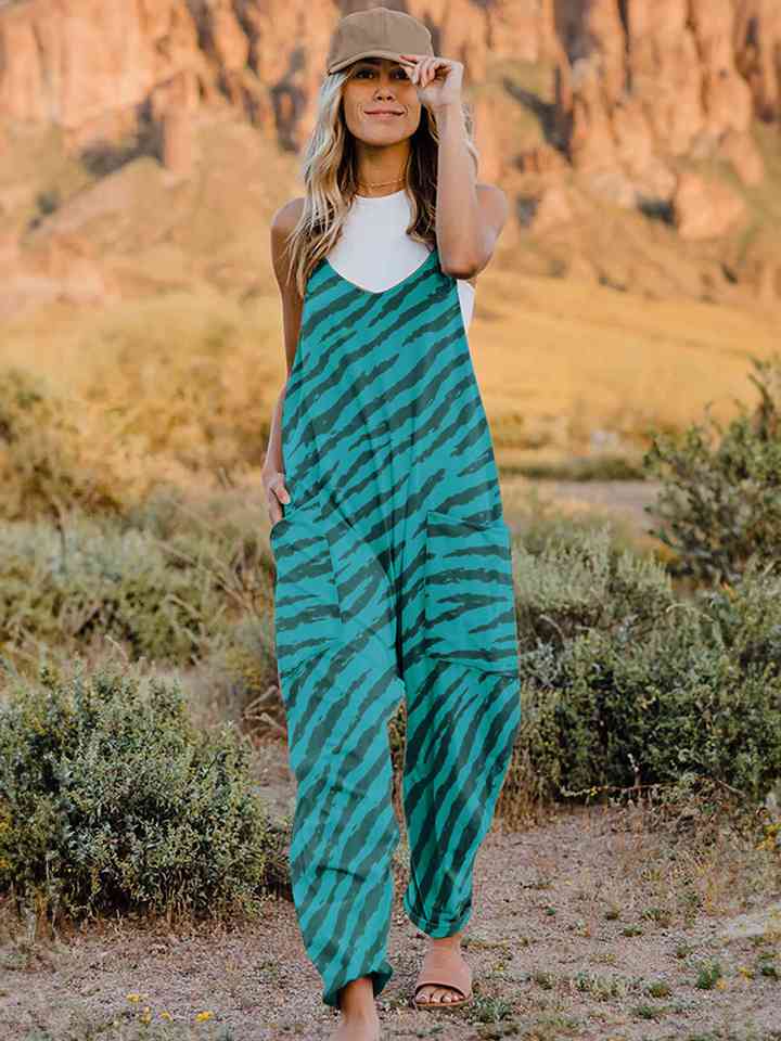 Full Size Printed V-Neck Sleeveless Jumpsuit (6 Colors)  Krazy Heart Designs Boutique Aqua S 