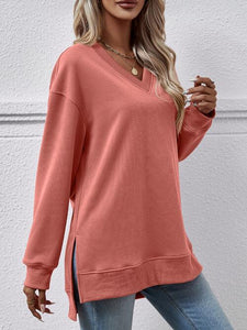 V-Neck Slit Long Sleeve Sweatshirt (9 Colors) Shirts & Tops Krazy Heart Designs Boutique Coral S 