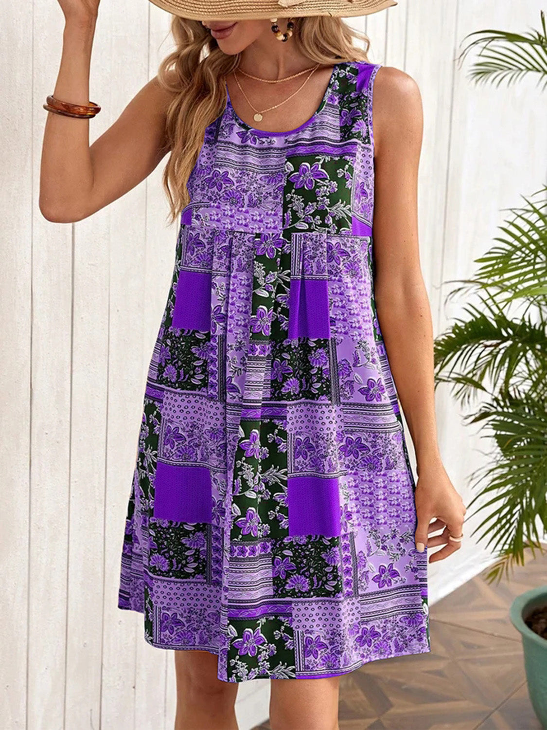 Patchwork Printed Sleeveless Mini Dress (4 Colors)  Krazy Heart Designs Boutique Heliotrope Purple S 