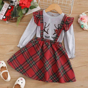 Graphic Top and Plaid Overall Skirt Set for Toddler Girl  Krazy Heart Designs Boutique Deep Red 12-18M 