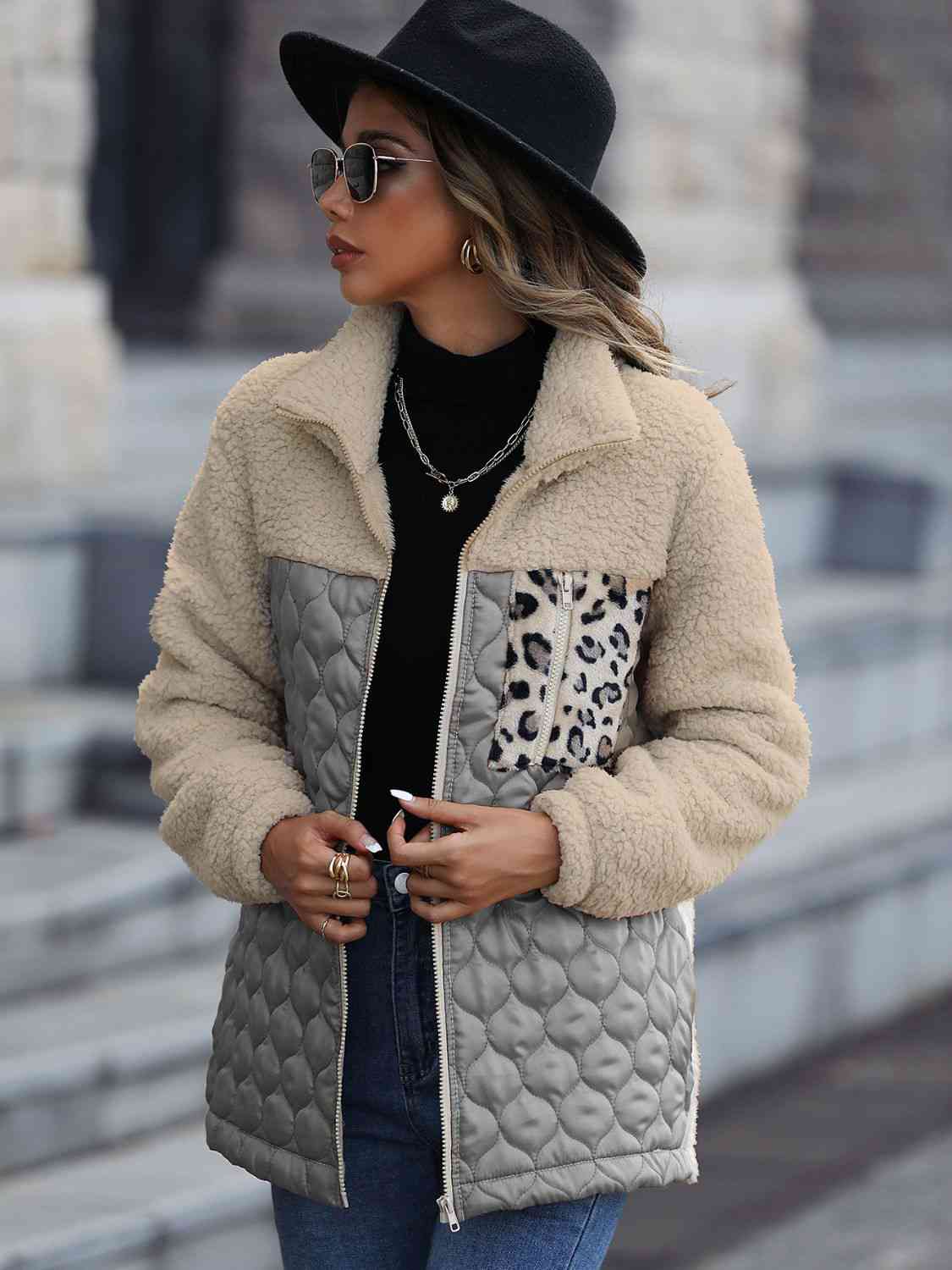 Leopard Print Color Block Zip-Up Jacket (6 Colors) coats Krazy Heart Designs Boutique Charcoal S 