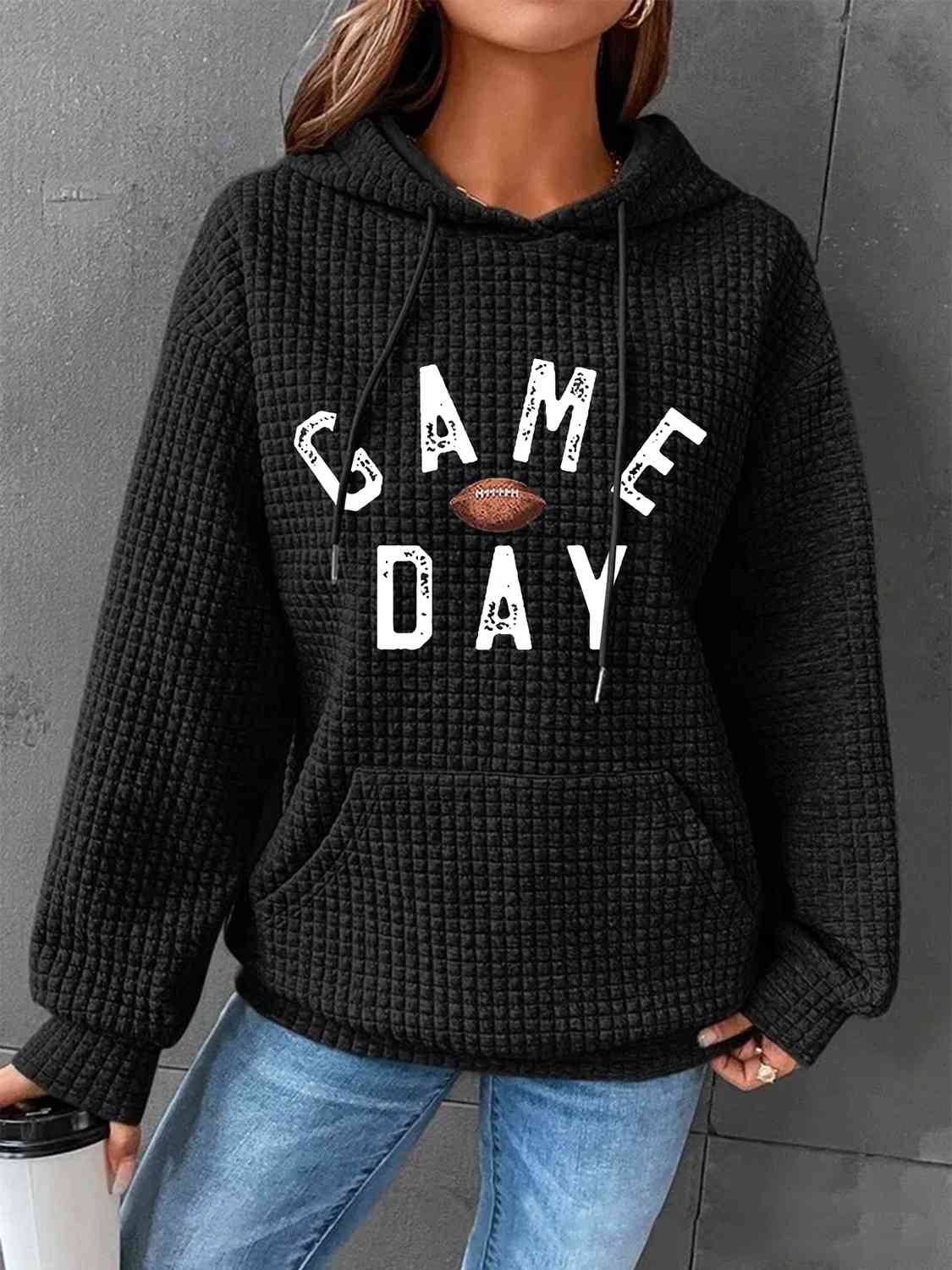 Full Size GAME DAY Graphic Drawstring Hoodie (3 Colors)  Krazy Heart Designs Boutique Black S 