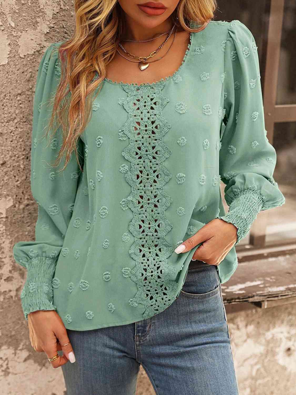 Swiss Dot Lace Detail Blouse (4 Colors) Shirts & Tops Krazy Heart Designs Boutique Gum Leaf S 