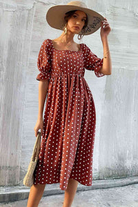 Polka Dot Square Neck Flounce Sleeve Dress Dress Krazy Heart Designs Boutique Rust S 