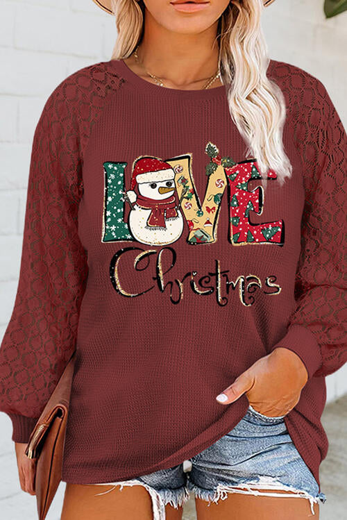 Plus Size Love Christmas Waffle-Knit Lace Long Sleeve Sweatshirt Shirts & Tops Krazy Heart Designs Boutique Wine 1XL 