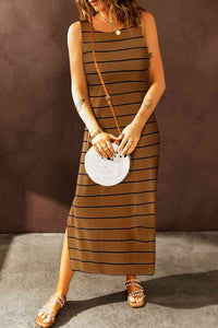 Striped Slit Sleeveless Maxi Dress (2 Colors)  Krazy Heart Designs Boutique Chestnut S 