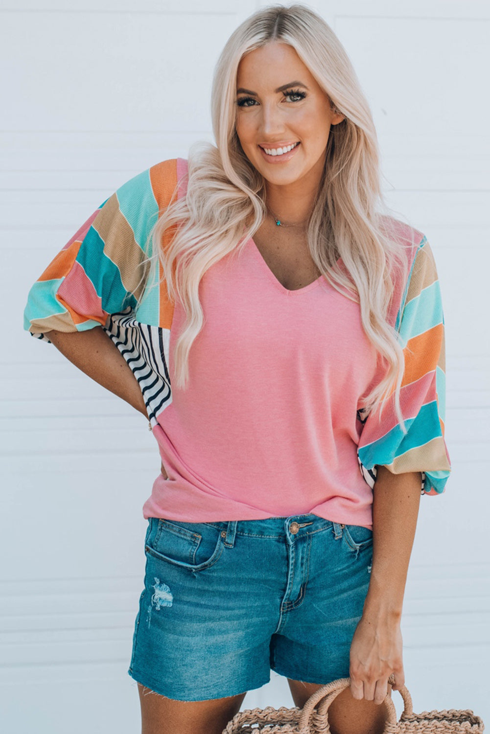 Striped Dolman Sleeve V-Neck Top Shirts & Tops Krazy Heart Designs Boutique Pink XL 
