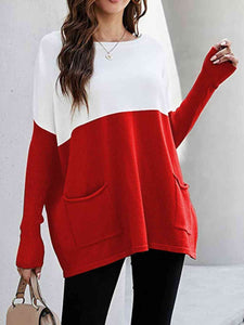 Two Tone Pullover Sweater with Pockets (7 Colors)  Krazy Heart Designs Boutique Red Orange S 